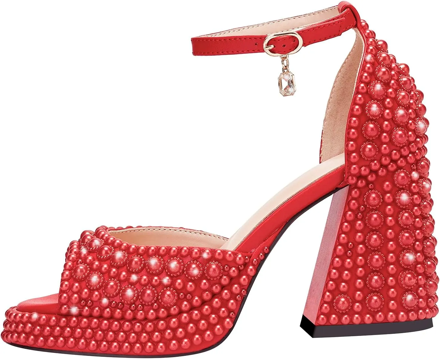 Women's open-toe pearl high-heeled sandals Chunky Buckle Ankle Strap Wedding Heeled Sandals Dress Evening Bride Shoes
