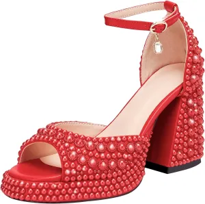 Women's open-toe pearl high-heeled sandals Chunky Buckle Ankle Strap Wedding Heeled Sandals Dress Evening Bride Shoes