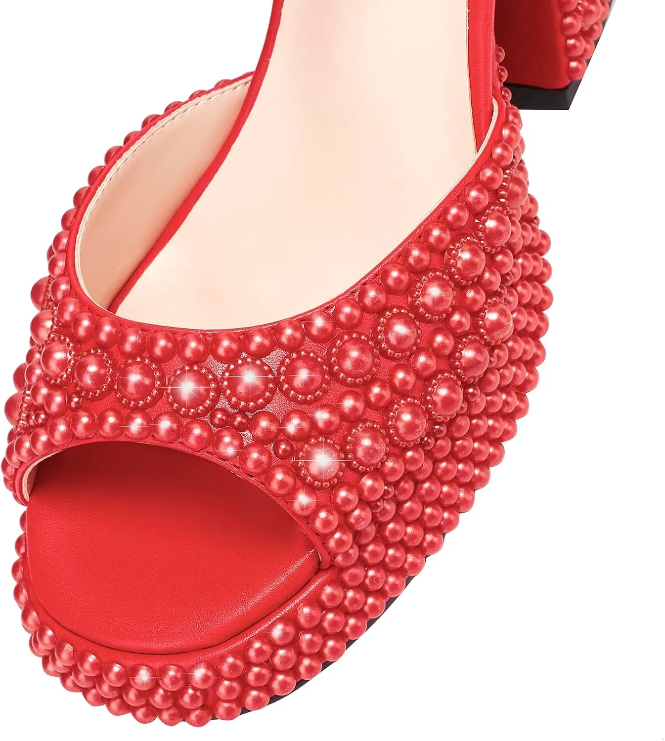 Women's open-toe pearl high-heeled sandals Chunky Buckle Ankle Strap Wedding Heeled Sandals Dress Evening Bride Shoes
