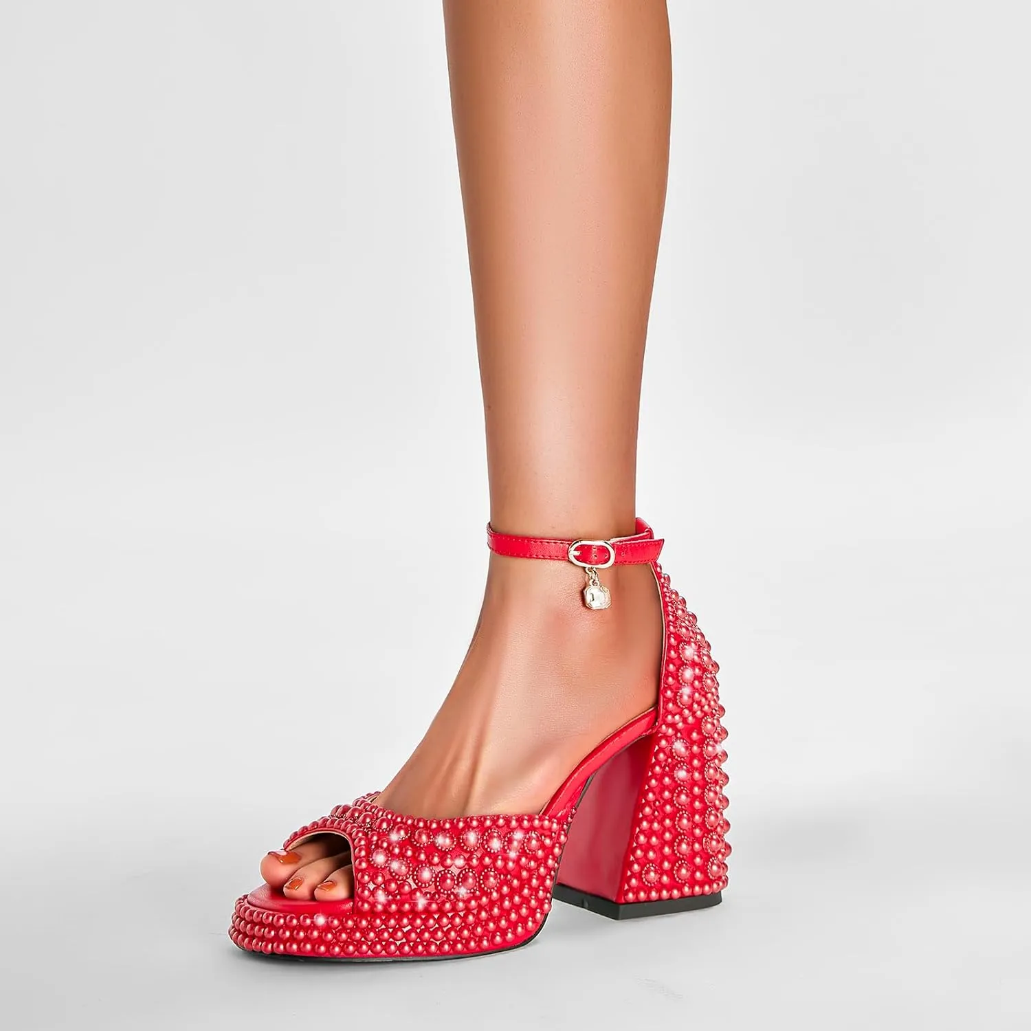 Women's open-toe pearl high-heeled sandals Chunky Buckle Ankle Strap Wedding Heeled Sandals Dress Evening Bride Shoes