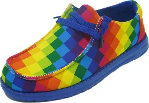 Women's Plaid Rainbow Print Checkered Loafers Slip-on Low Top Lightweight Canvas Non-Slip Flexible Flat Fashion Skateboard Shoes for All-Season Casual Wear
