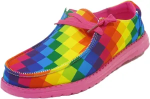 Women's Plaid Rainbow Print Checkered Loafers Slip-on Low Top Lightweight Canvas Non-Slip Flexible Flat Fashion Skateboard Shoes for All-Season Casual Wear