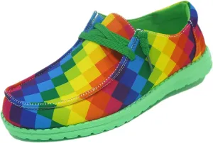 Women's Plaid Rainbow Print Checkered Loafers Slip-on Low Top Lightweight Canvas Non-Slip Flexible Flat Fashion Skateboard Shoes for All-Season Casual Wear