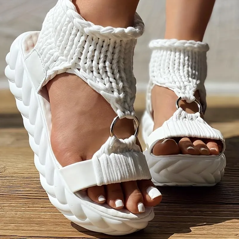 Women's Platform Crochet Sandals, Stylish Open Toe Slip On Slingback Shoes, Casual Outdoor Non Slip Sandals