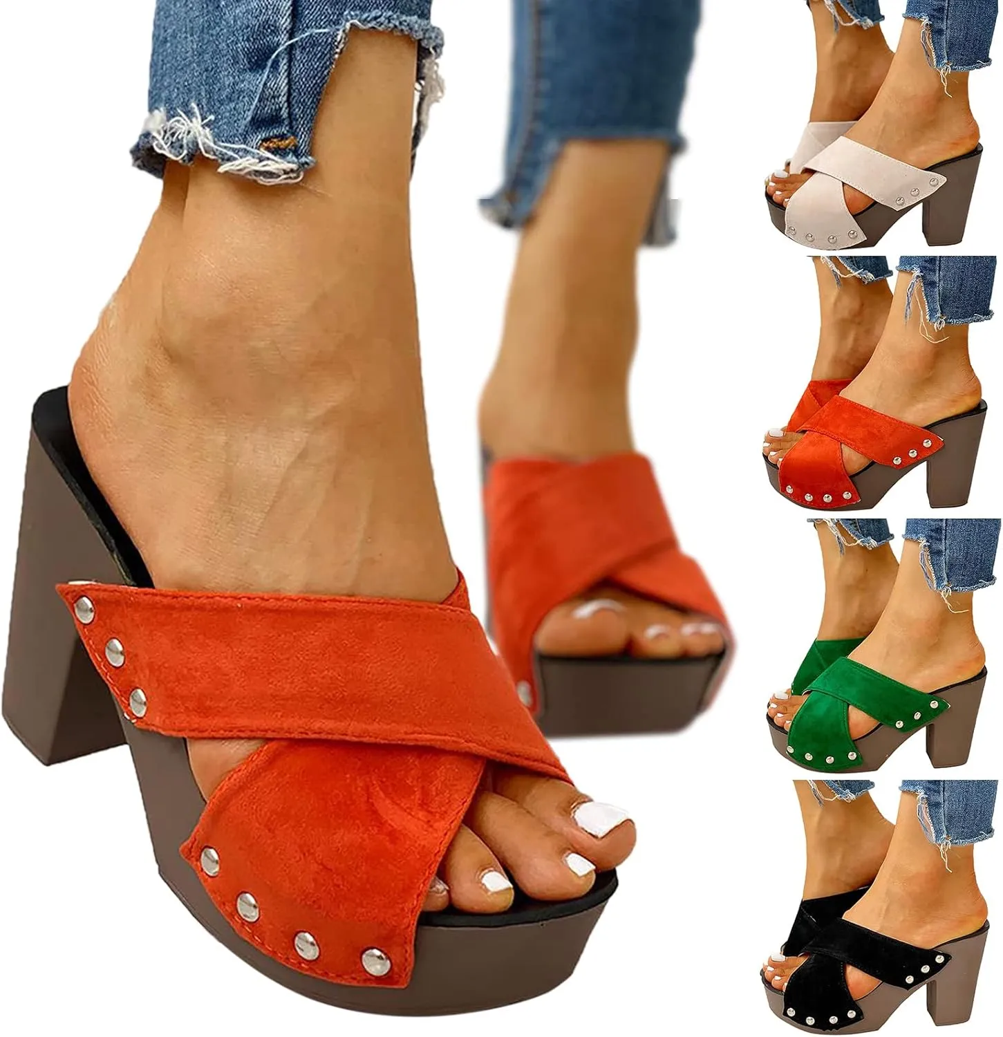 Women's Platform Heels Cross Strap Open Toe Beach Sandals Comfortable Slip On Fish Mouth Pumps Summer Block Chunky High Heel Sandals