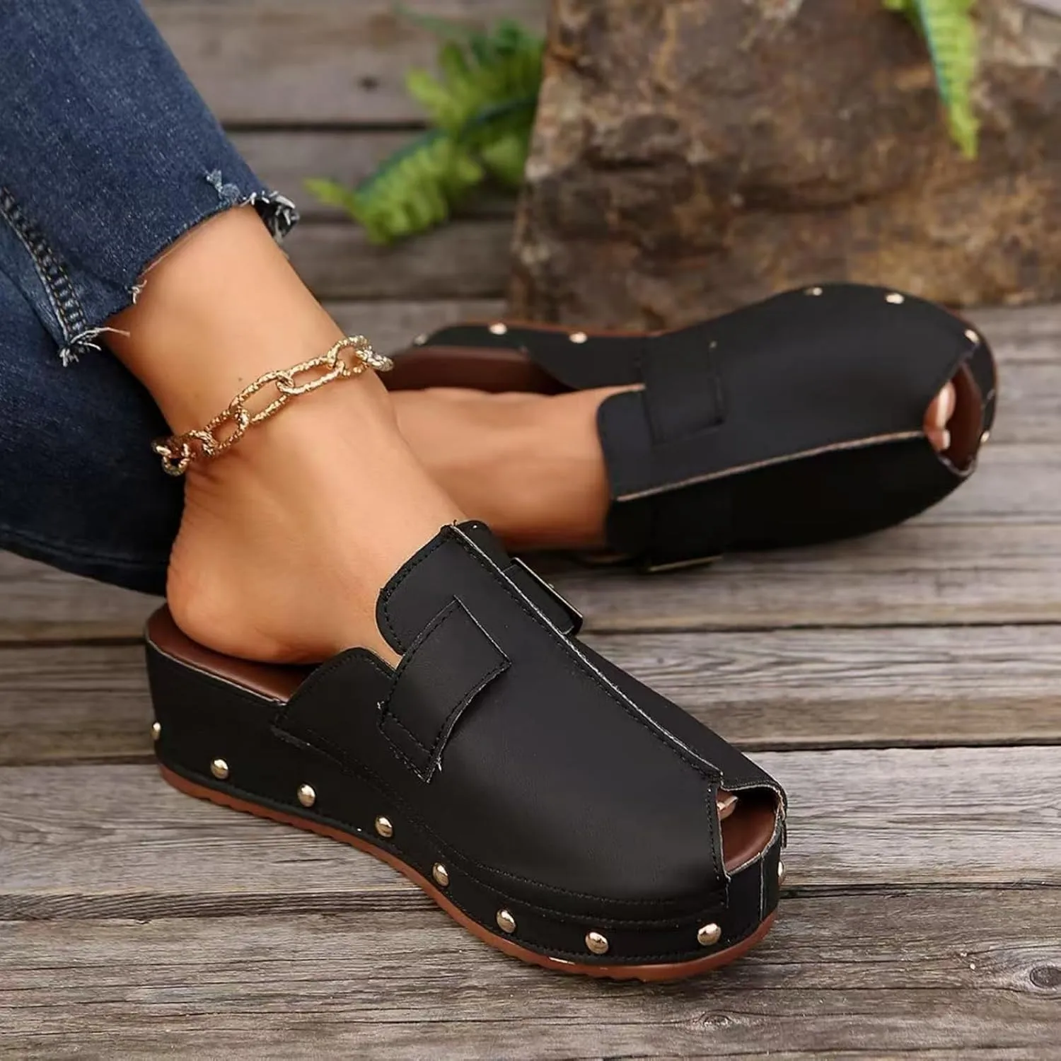 Womens Platform Mules Slip On Sandals Closed Toe Clogs Peep Toe Slip On Platform Slippers Adjustable Buckle Cushion Footbed Comfortable Dressy Lightweight Trendy Sandal Breathable Elegant Slippers