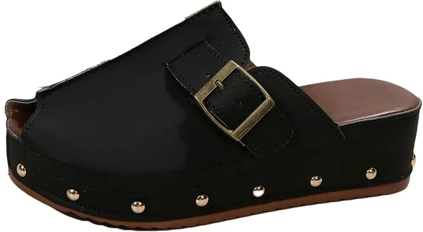 Womens Platform Mules Slip On Sandals Closed Toe Clogs Peep Toe Slip On Platform Slippers Adjustable Buckle Cushion Footbed Comfortable Dressy Lightweight Trendy Sandal Breathable Elegant Slippers