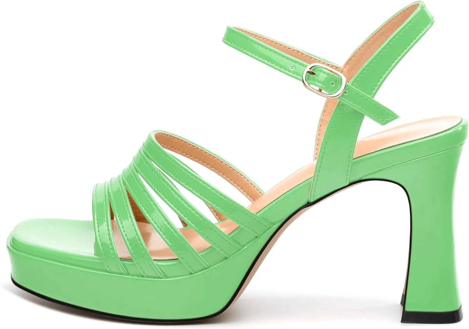 Women's Platform Sandals, Ankle Strap Square Open Toe Buckle Heels for Women, Fashion Solid Patent High Heel Sandals Shoes 3.35 inch