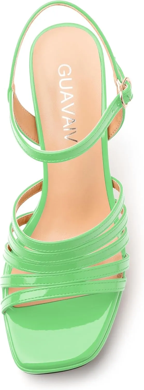 Women's Platform Sandals, Ankle Strap Square Open Toe Buckle Heels for Women, Fashion Solid Patent High Heel Sandals Shoes 3.35 inch