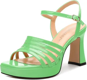 Women's Platform Sandals, Ankle Strap Square Open Toe Buckle Heels for Women, Fashion Solid Patent High Heel Sandals Shoes 3.35 inch