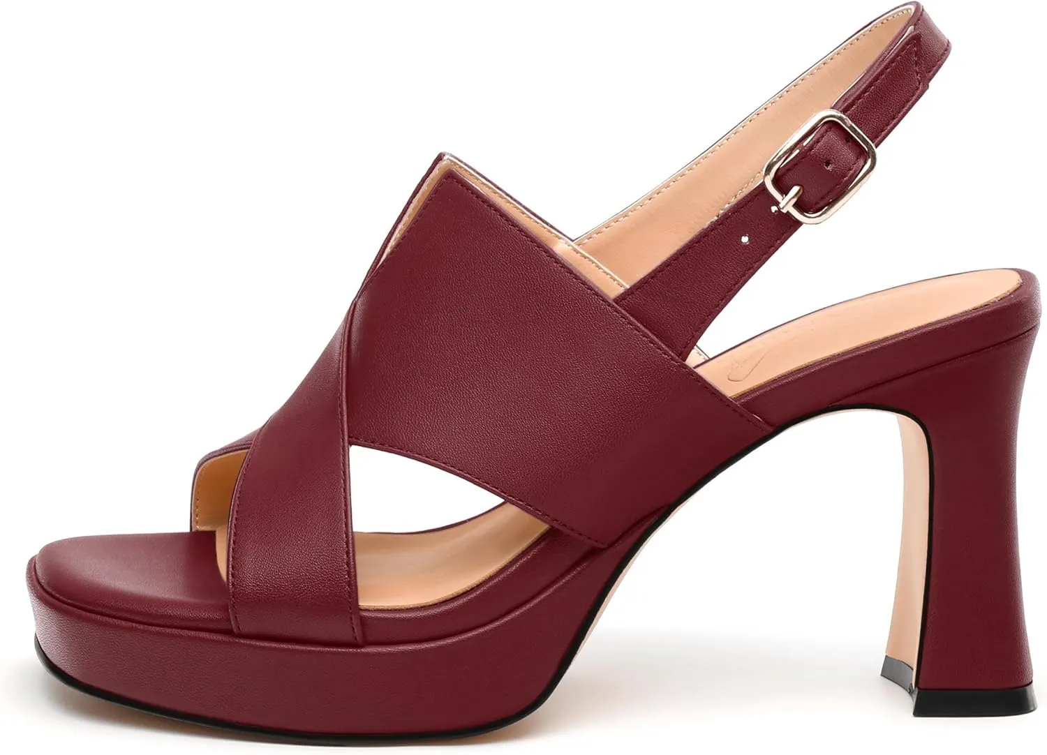 Womens Platform Sandals, Square Peep Toe Chunky Heel Ankle Strap Sandals for Women, Leather Insole Heeled Sandals with Buckle 3.3"