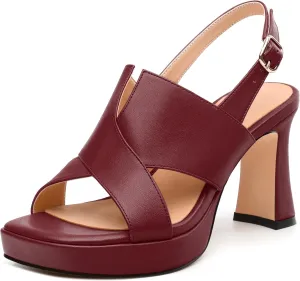 Womens Platform Sandals, Square Peep Toe Chunky Heel Ankle Strap Sandals for Women, Leather Insole Heeled Sandals with Buckle 3.3"