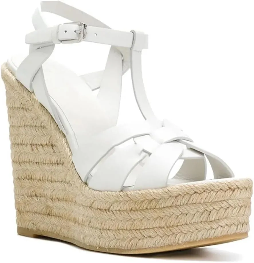 Womens Platform Wedge Sandals Twisted Peep Toe Buckle Strap Leather High Heels Slingback Sexy Shoes