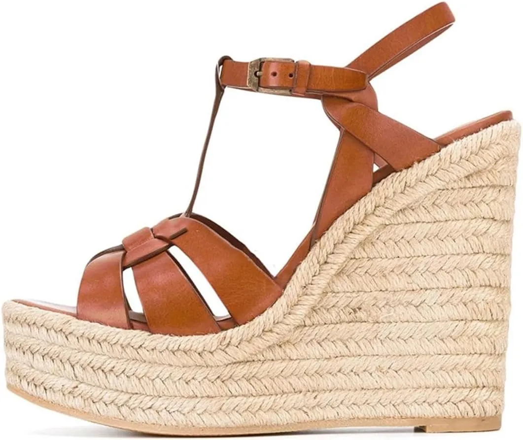 Womens Platform Wedge Sandals Twisted Peep Toe Buckle Strap Leather High Heels Slingback Sexy Shoes
