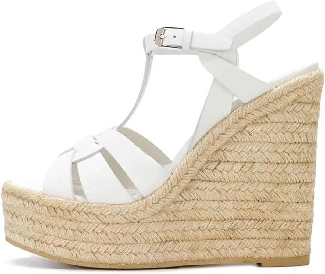 Womens Platform Wedge Sandals Twisted Peep Toe Buckle Strap Leather High Heels Slingback Sexy Shoes