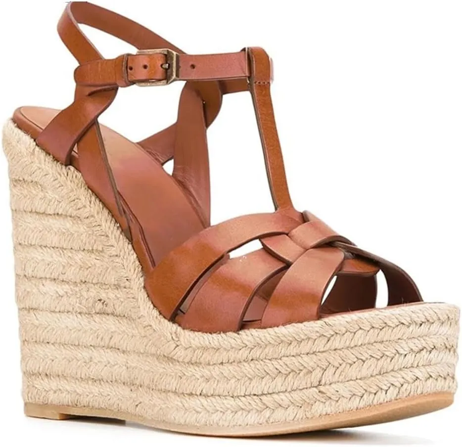 Womens Platform Wedge Sandals Twisted Peep Toe Buckle Strap Leather High Heels Slingback Sexy Shoes