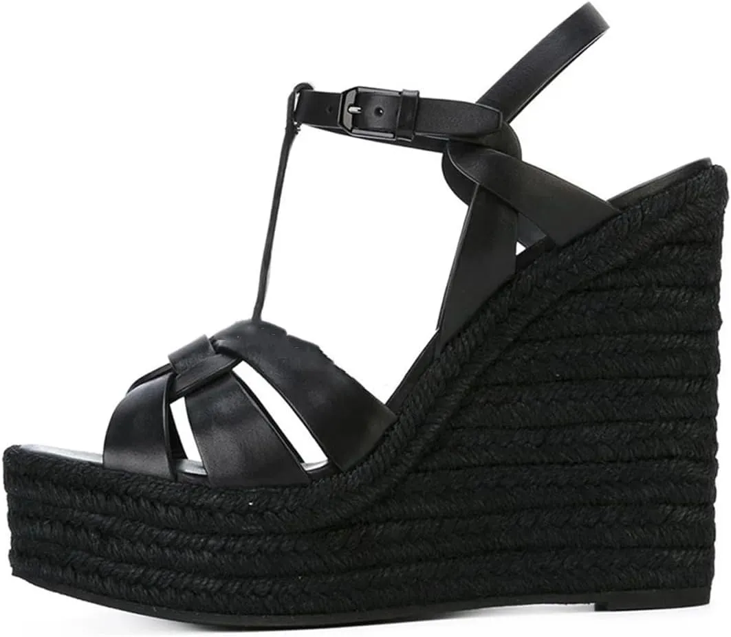Womens Platform Wedge Sandals Twisted Peep Toe Buckle Strap Leather High Heels Slingback Sexy Shoes