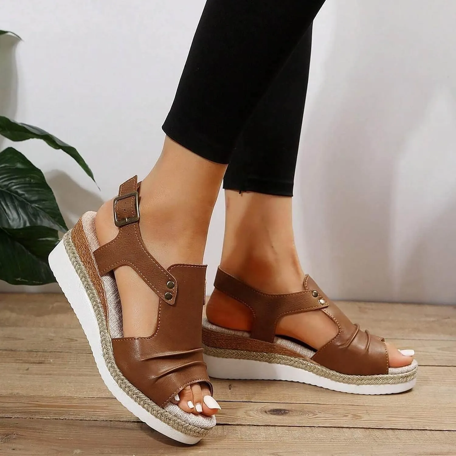 Women's Platform Wedge Sandals,Espadrilles Sandals Open Toe Adjustable Ankle Strap Buckle Low Wedge Leather Comfortable Dressy Summer Sandals Arch Support Casual Walking Sandals Summer
