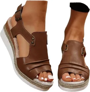 Women's Platform Wedge Sandals,Espadrilles Sandals Open Toe Adjustable Ankle Strap Buckle Low Wedge Leather Comfortable Dressy Summer Sandals Arch Support Casual Walking Sandals Summer