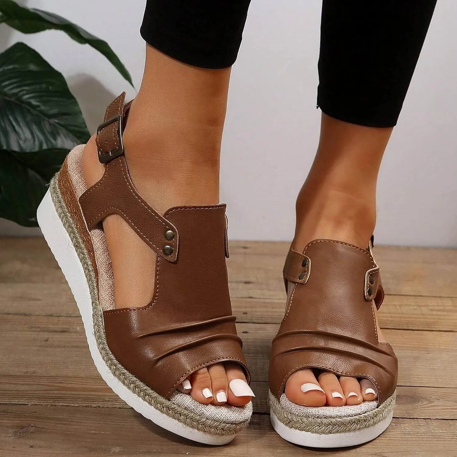 Women's Platform Wedge Sandals,Espadrilles Sandals Open Toe Adjustable Ankle Strap Buckle Low Wedge Leather Comfortable Dressy Summer Sandals Arch Support Casual Walking Sandals Summer