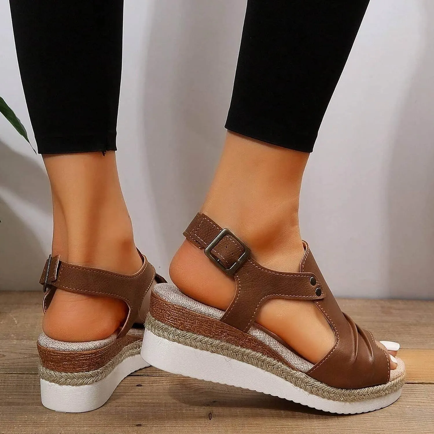 Women's Platform Wedge Sandals,Espadrilles Sandals Open Toe Adjustable Ankle Strap Buckle Low Wedge Leather Comfortable Dressy Summer Sandals Arch Support Casual Walking Sandals Summer