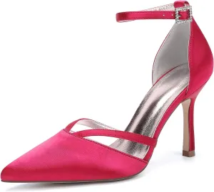Womens Pumps for Bride Shoes Closed Toe Stiletto High Heels Wedding Pointed Toe Shoes Ankle Strap Satin Breathable Pointy Toe Sandals,Red,8