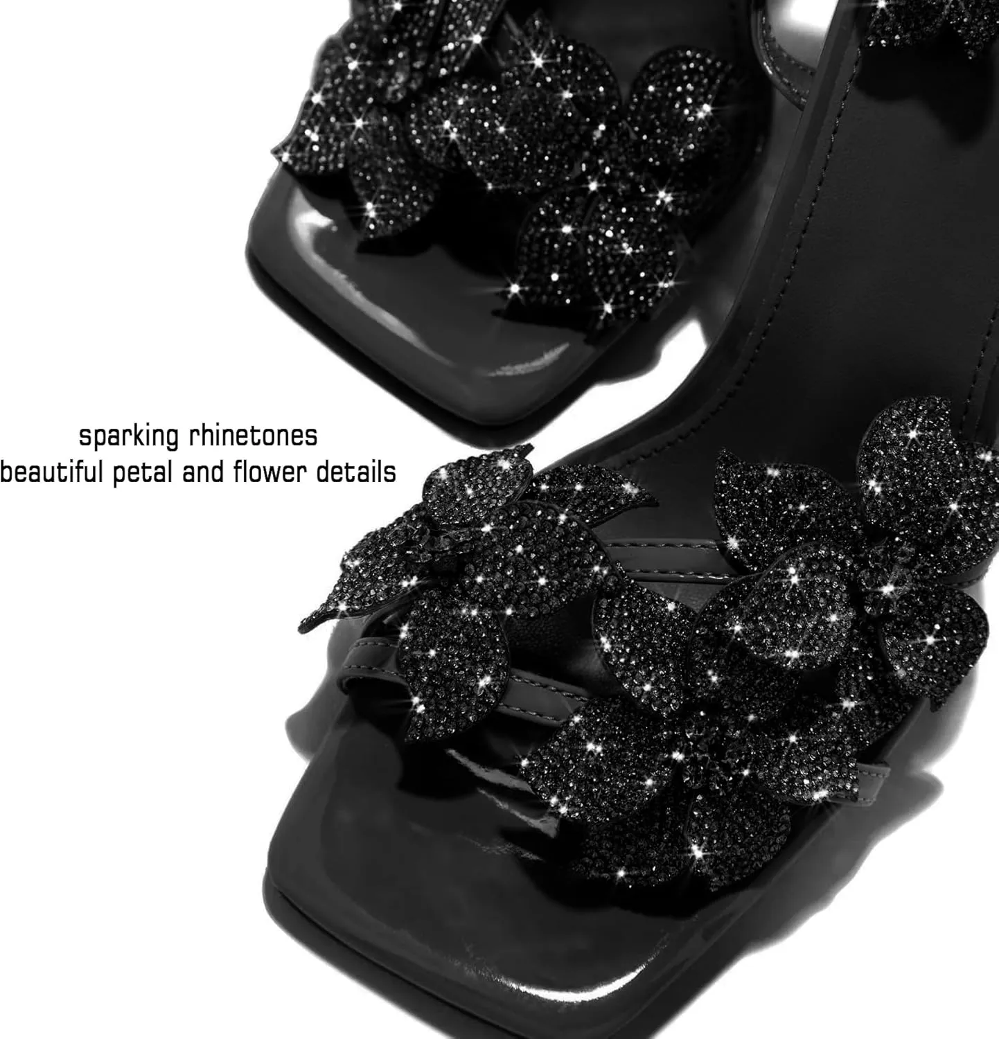 Women's red fine high heel patent leather sandals Elegant square head rhinestone heels Wedding Romi flower ankle strap sandals