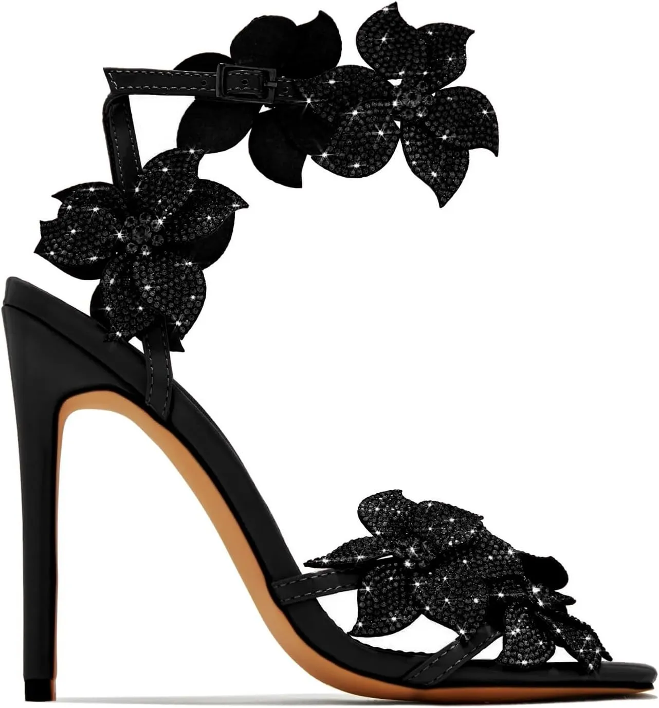 Women's red fine high heel patent leather sandals Elegant square head rhinestone heels Wedding Romi flower ankle strap sandals