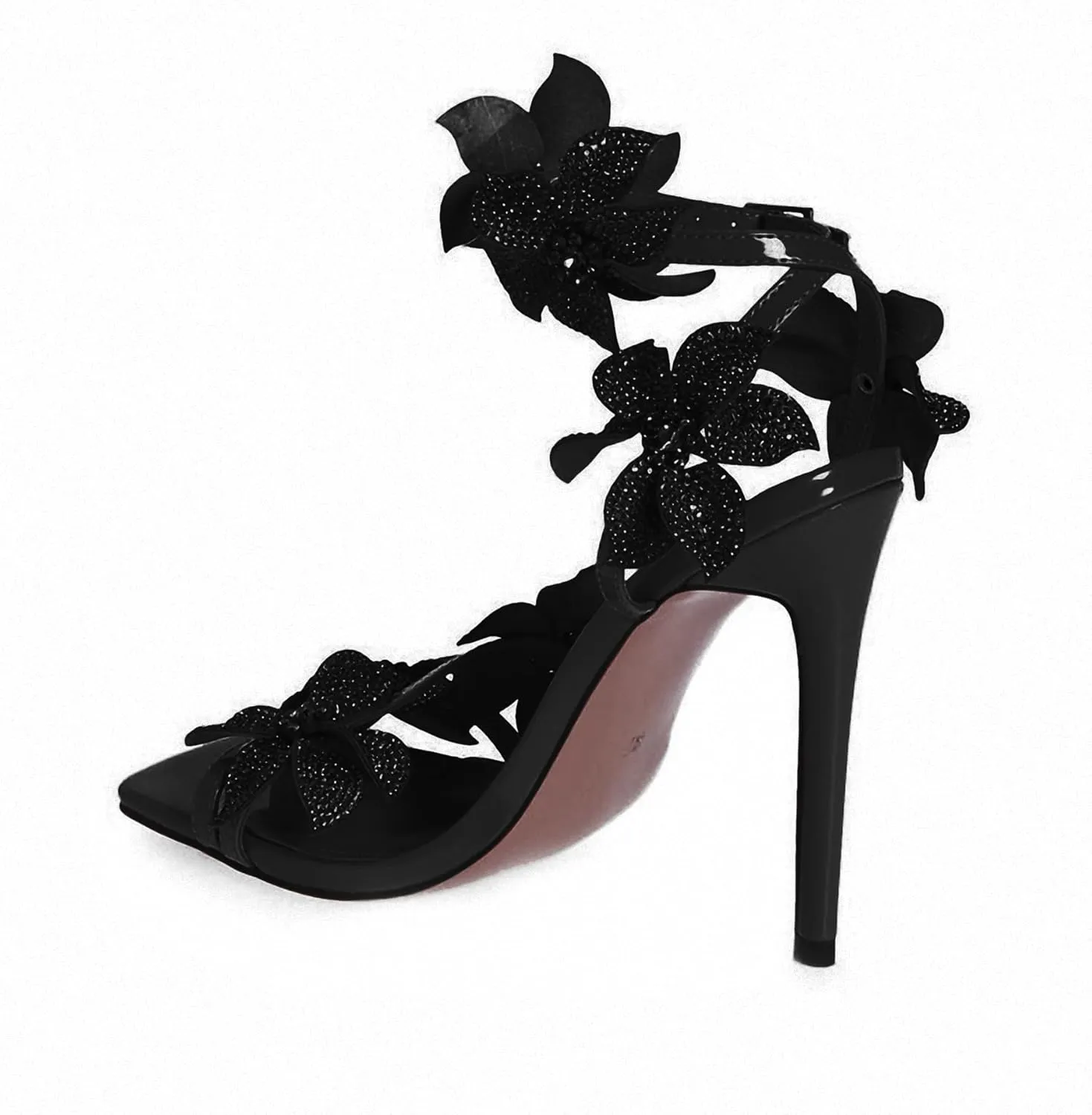 Women's red fine high heel patent leather sandals Elegant square head rhinestone heels Wedding Romi flower ankle strap sandals