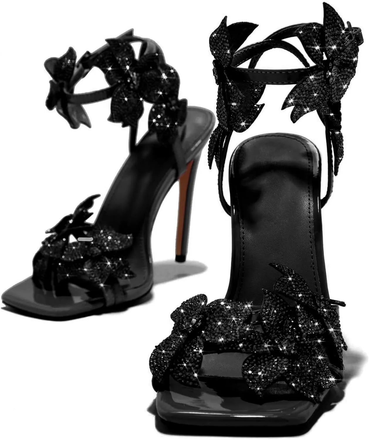 Women's red fine high heel patent leather sandals Elegant square head rhinestone heels Wedding Romi flower ankle strap sandals