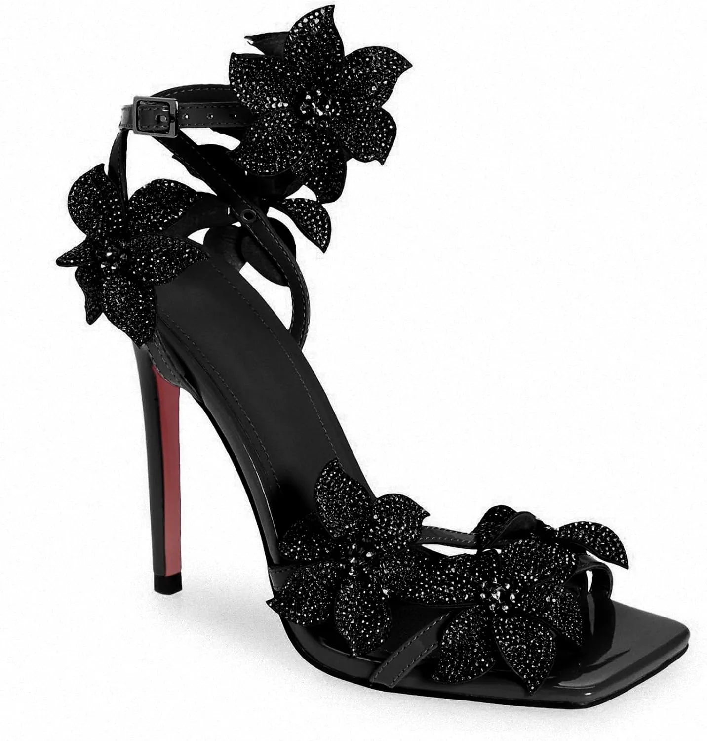 Women's red fine high heel patent leather sandals Elegant square head rhinestone heels Wedding Romi flower ankle strap sandals