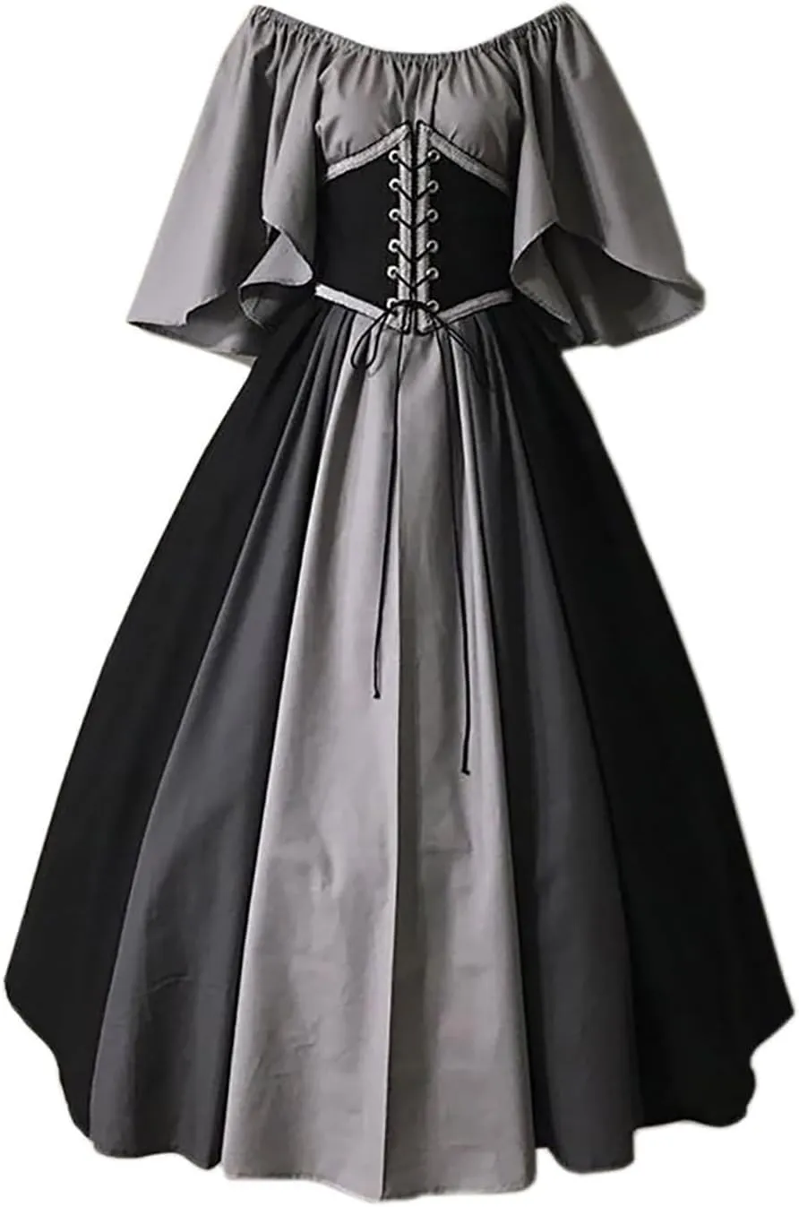 Women's Renaissance Medieval Dress Plus Size Flare Sleeve with Corset Halloween Victorian Dress