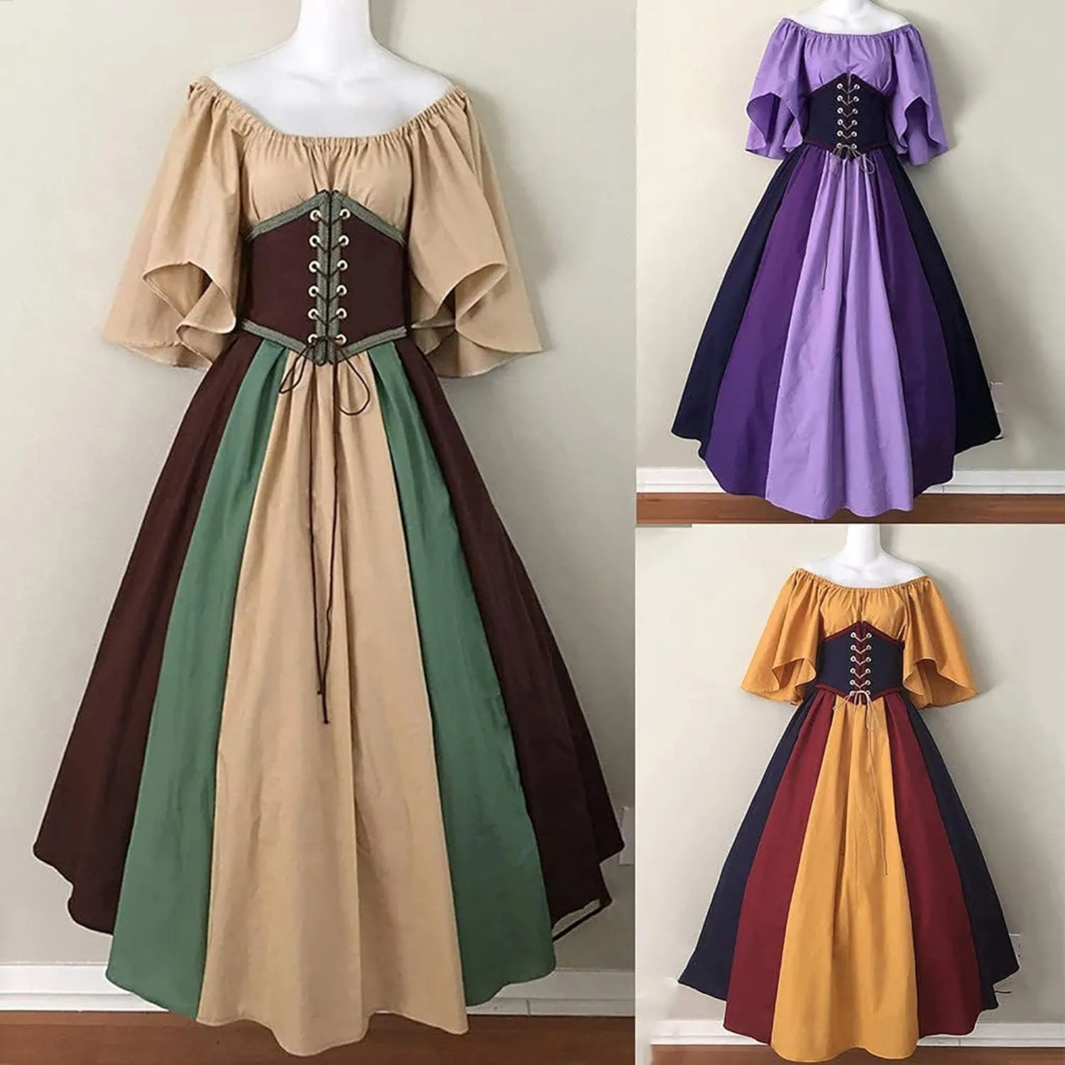 Women's Renaissance Medieval Dress Plus Size Flare Sleeve with Corset Halloween Victorian Dress
