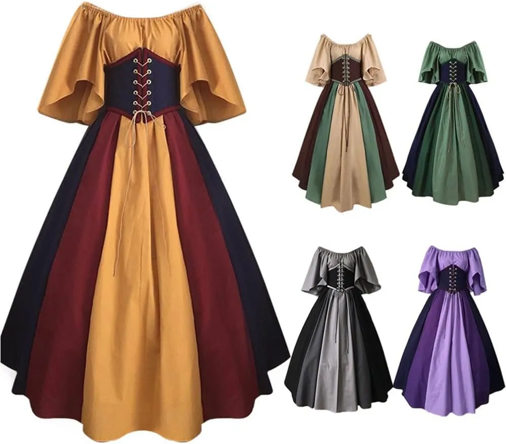 Women's Renaissance Medieval Dress Plus Size Flare Sleeve with Corset Halloween Victorian Dress