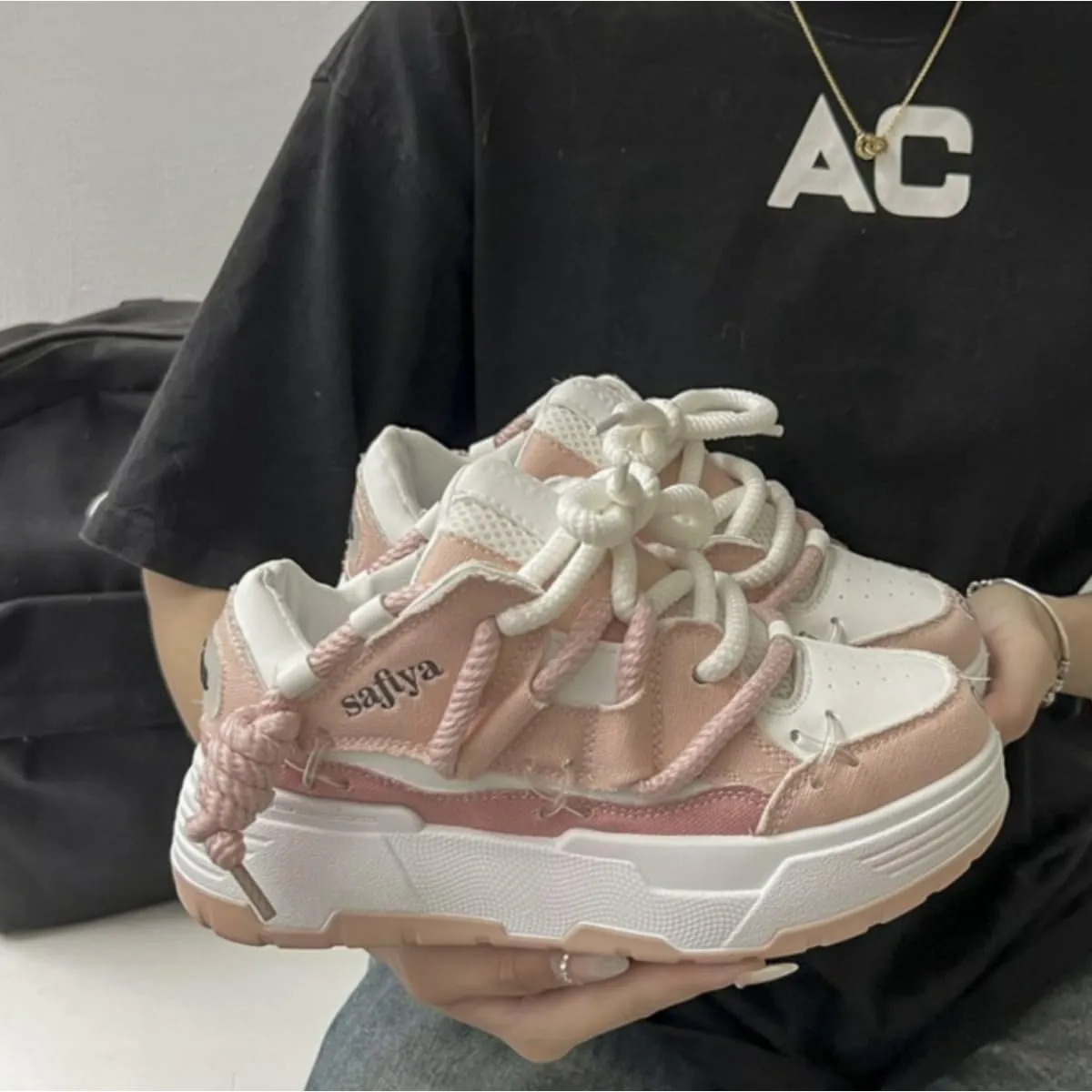 Women's Retro Y2K Puffy Bread Platform Sneakers - Chunky Fashion Statement Shoes with Unique Cross Lacing - Trendy Thick Sole Streetwear Kicks