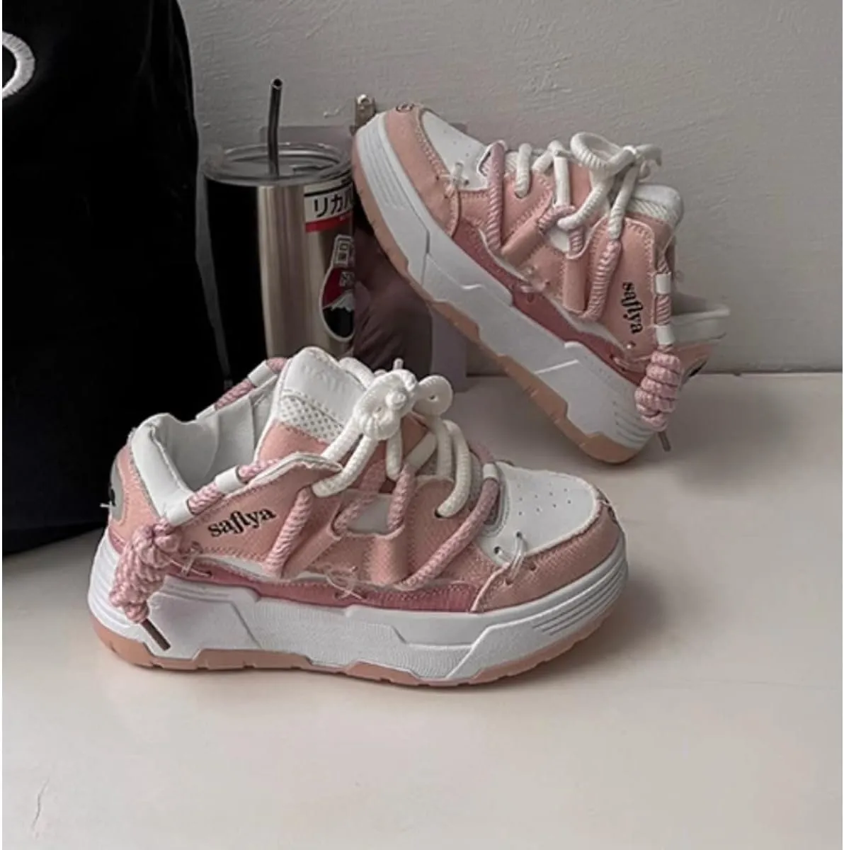 Women's Retro Y2K Puffy Bread Platform Sneakers - Chunky Fashion Statement Shoes with Unique Cross Lacing - Trendy Thick Sole Streetwear Kicks