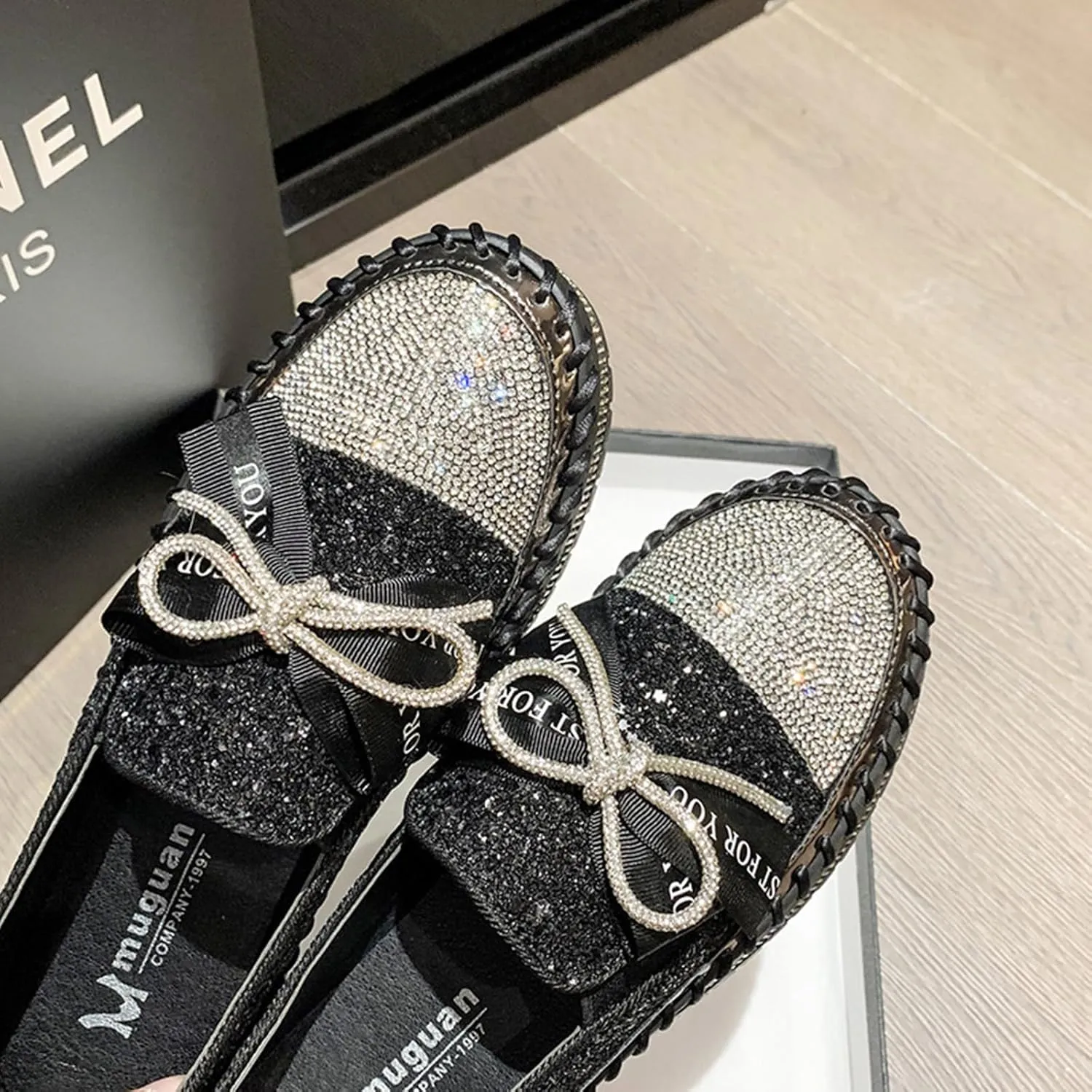 Women's Rhinestones Glitter Platform Slip On Sneakers Casual Cute Bowknot Shiny Walking Shoes Non-Slip Comfortable Dress Flat Loafers