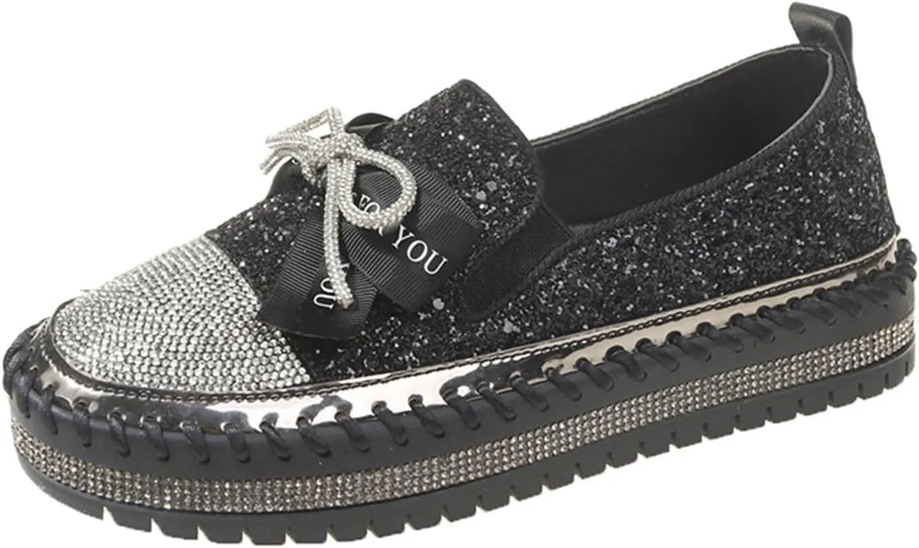 Women's Rhinestones Glitter Platform Slip On Sneakers Casual Cute Bowknot Shiny Walking Shoes Non-Slip Comfortable Dress Flat Loafers