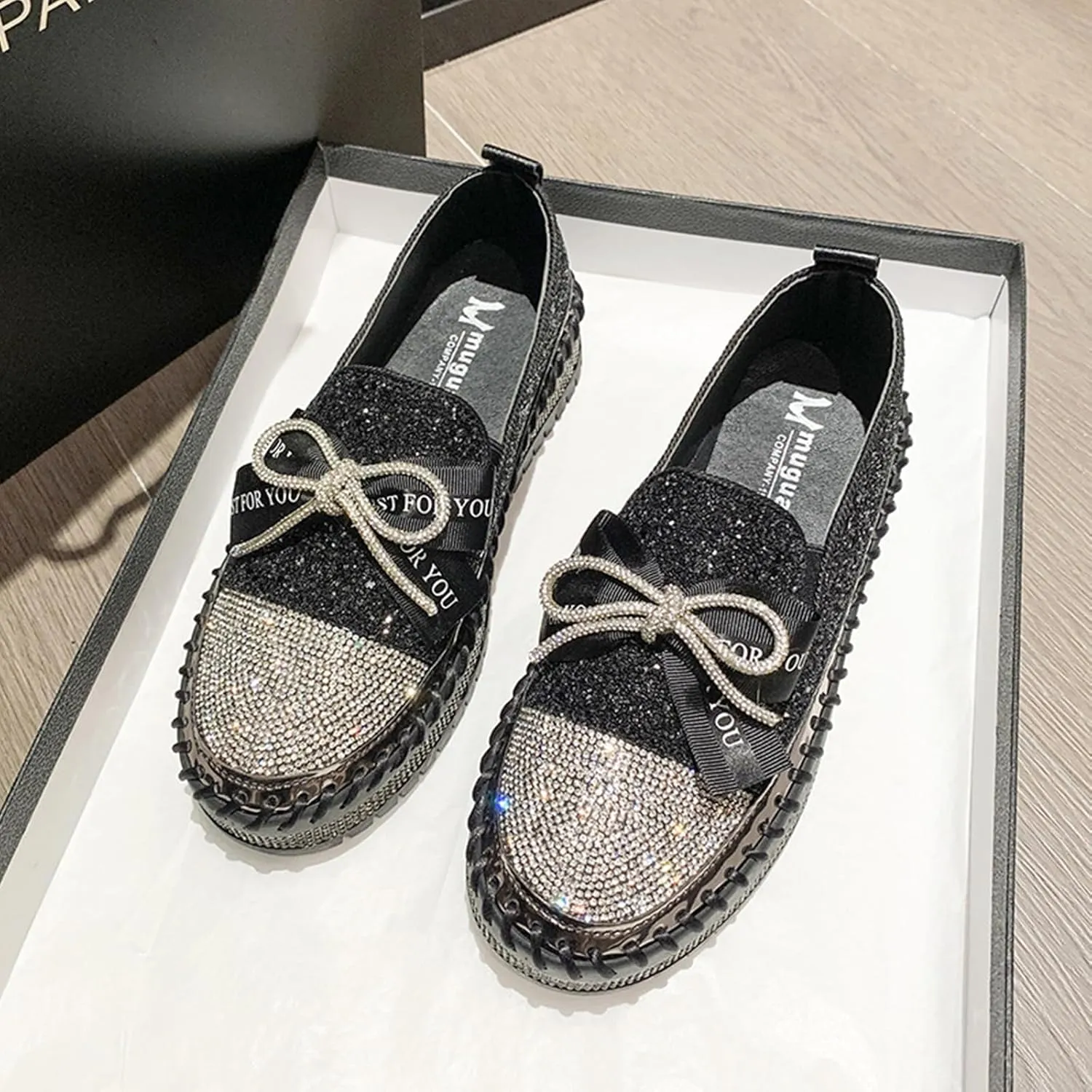Women's Rhinestones Glitter Platform Slip On Sneakers Casual Cute Bowknot Shiny Walking Shoes Non-Slip Comfortable Dress Flat Loafers