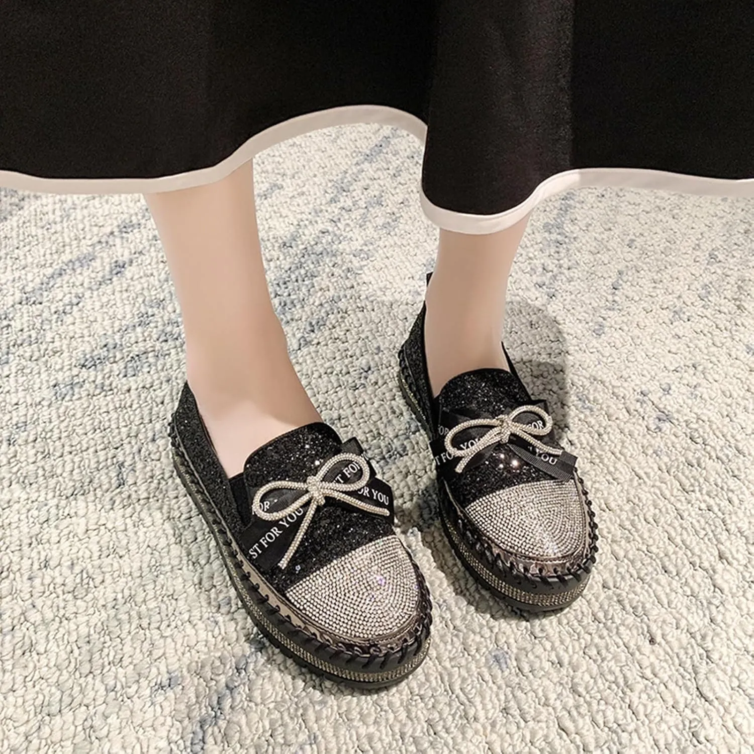 Women's Rhinestones Glitter Platform Slip On Sneakers Casual Cute Bowknot Shiny Walking Shoes Non-Slip Comfortable Dress Flat Loafers