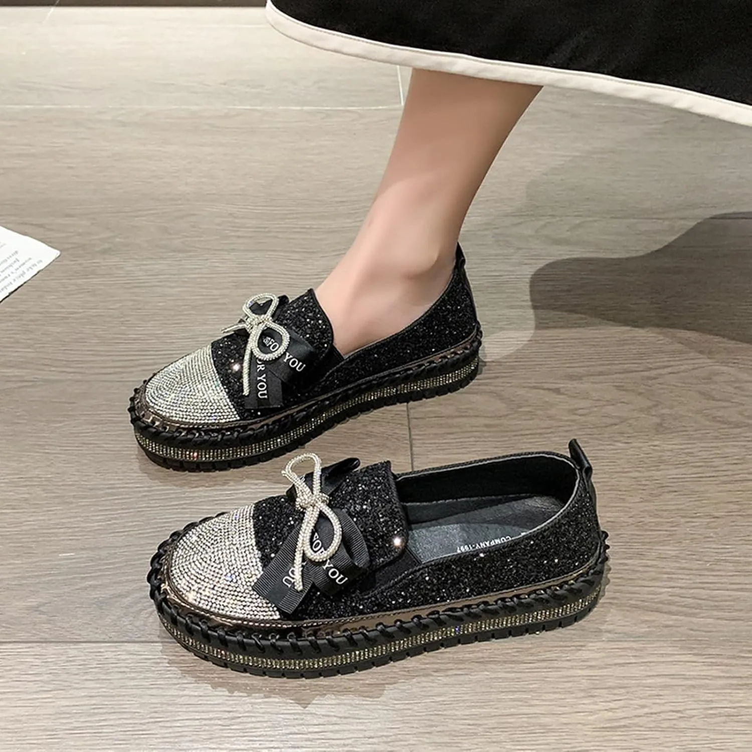 Women's Rhinestones Glitter Platform Slip On Sneakers Casual Cute Bowknot Shiny Walking Shoes Non-Slip Comfortable Dress Flat Loafers