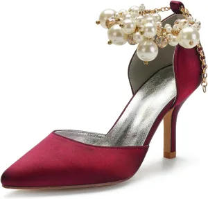 Women's Sandal 8CM High Heels Beaded Bowknot Strap Bridal Wedding Shoes Satin Stiletto Pump Elegant Formal Women's Sandal Pointed Toe,Wine red,8.5