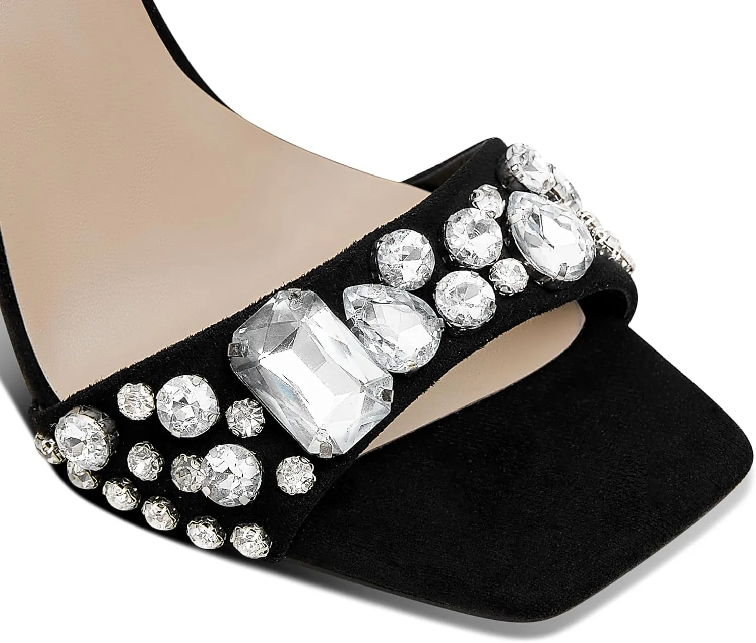 Womens Sandals Fashion Rhinestone Strappy Kitten Heels Ankle Strap Heels Square toe Sexy Stiletto High Heels Satin Ankle Strappy Sandals