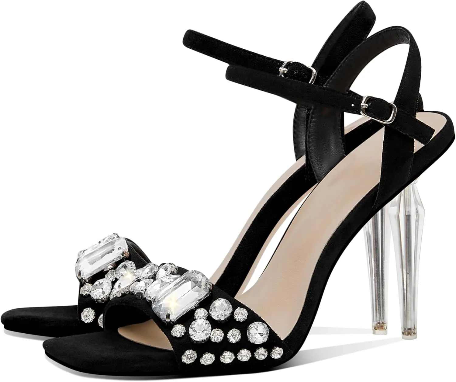 Womens Sandals Fashion Rhinestone Strappy Kitten Heels Ankle Strap Heels Square toe Sexy Stiletto High Heels Satin Ankle Strappy Sandals