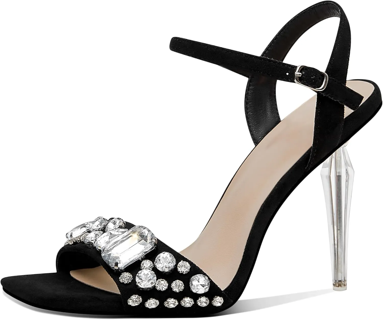 Womens Sandals Fashion Rhinestone Strappy Kitten Heels Ankle Strap Heels Square toe Sexy Stiletto High Heels Satin Ankle Strappy Sandals