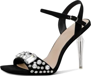 Womens Sandals Fashion Rhinestone Strappy Kitten Heels Ankle Strap Heels Square toe Sexy Stiletto High Heels Satin Ankle Strappy Sandals