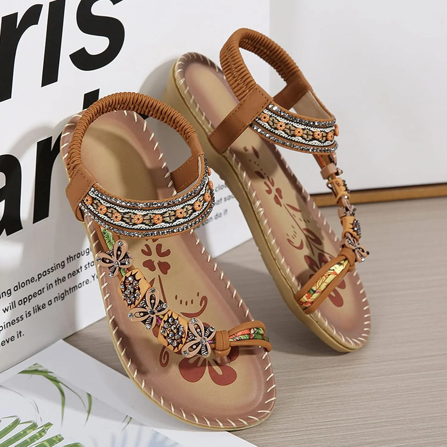 Womens Sandals Flats Shoes: Comfortable Bohemian Beaded Dressy Summer Flat Casual Ankle Strap Elastic Slip on Beach Sandal