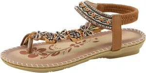 Womens Sandals Flats Shoes: Comfortable Bohemian Beaded Dressy Summer Flat Casual Ankle Strap Elastic Slip on Beach Sandal