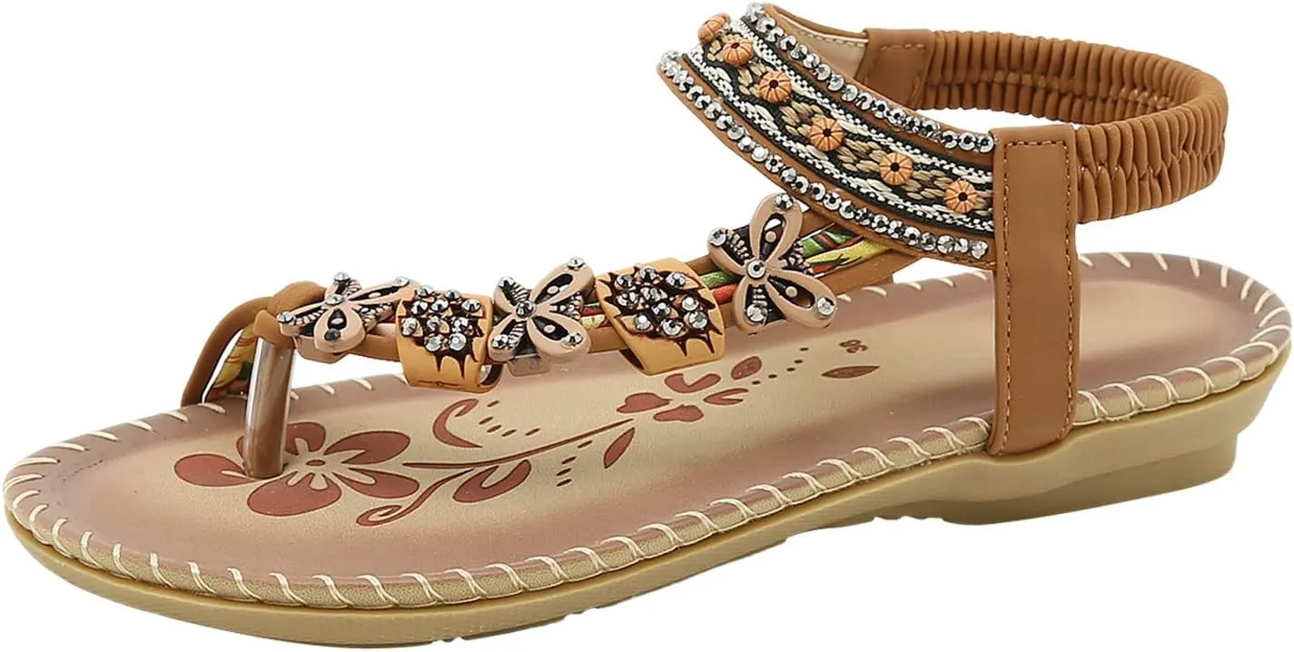 Womens Sandals Flats Shoes: Comfortable Bohemian Beaded Dressy Summer Flat Casual Ankle Strap Elastic Slip on Beach Sandal