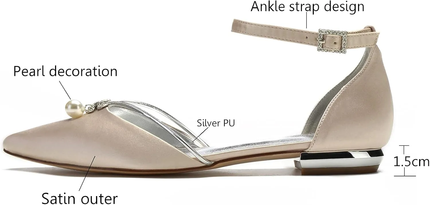 Womens Sandals Pointed Toe Pearl Satin Ballet Elegant Ankle Strap Flats Bridal Bridesmaid Wedding Prom Shoes